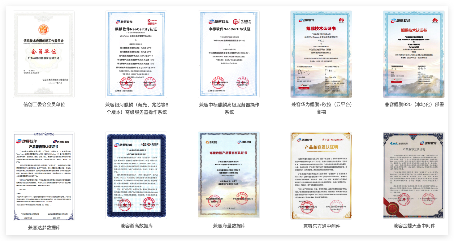 动易软件与主流信创厂商互认证书